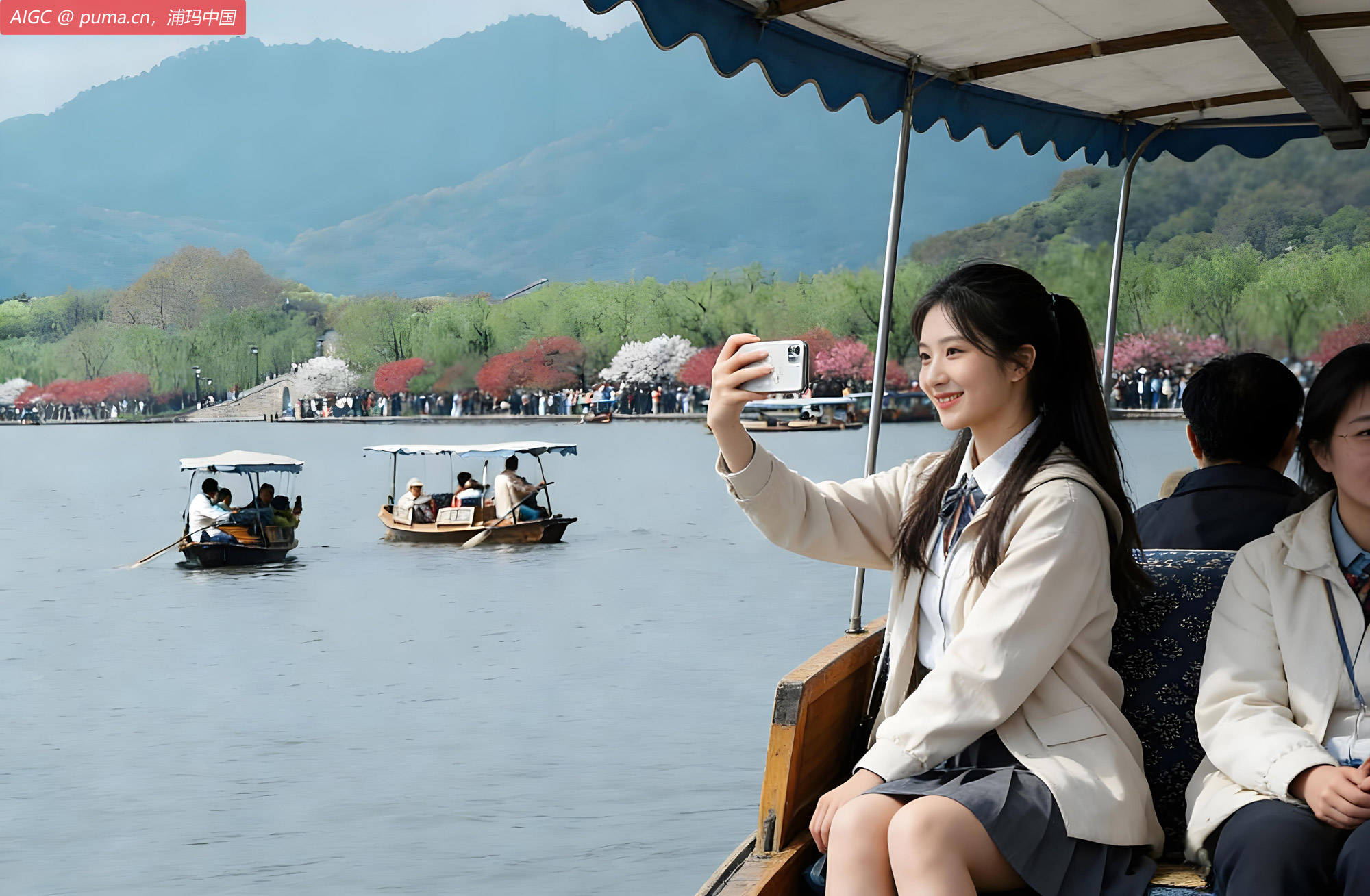 杭州西湖白堤，桃花迎来盛花期，与嫩绿的柳叶交织