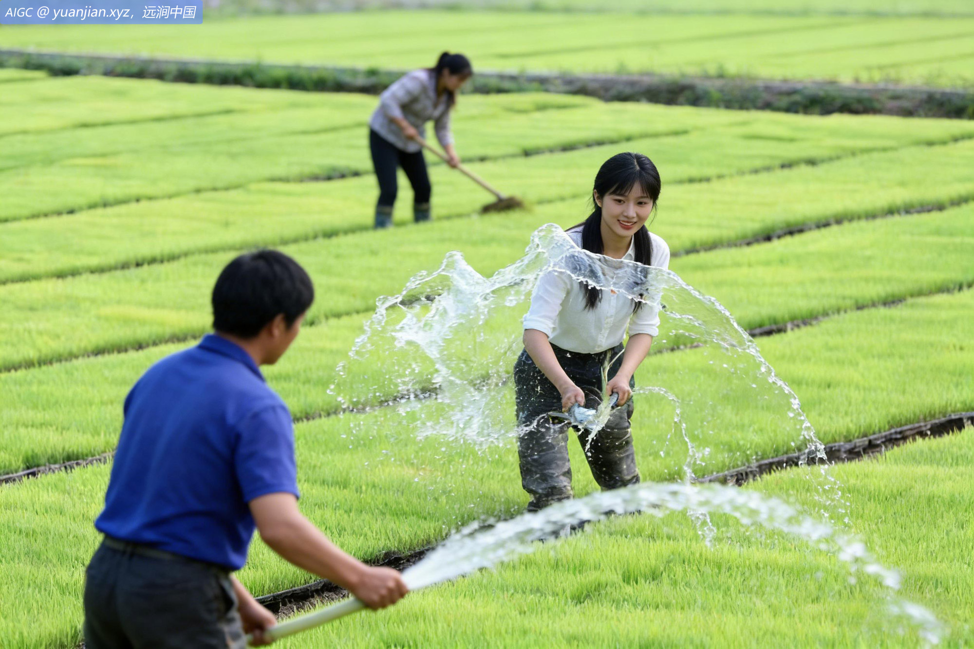 四川省内江市东兴区石子镇，农民正在管护秧苗。
