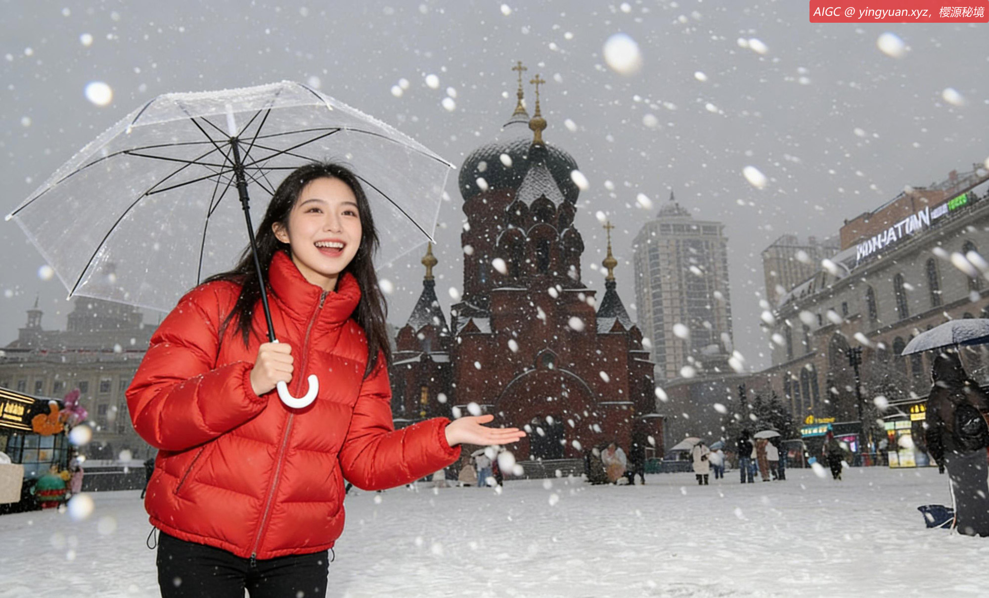 哈尔滨市暴雪倾盆，索菲亚教堂在漫天飞雪中