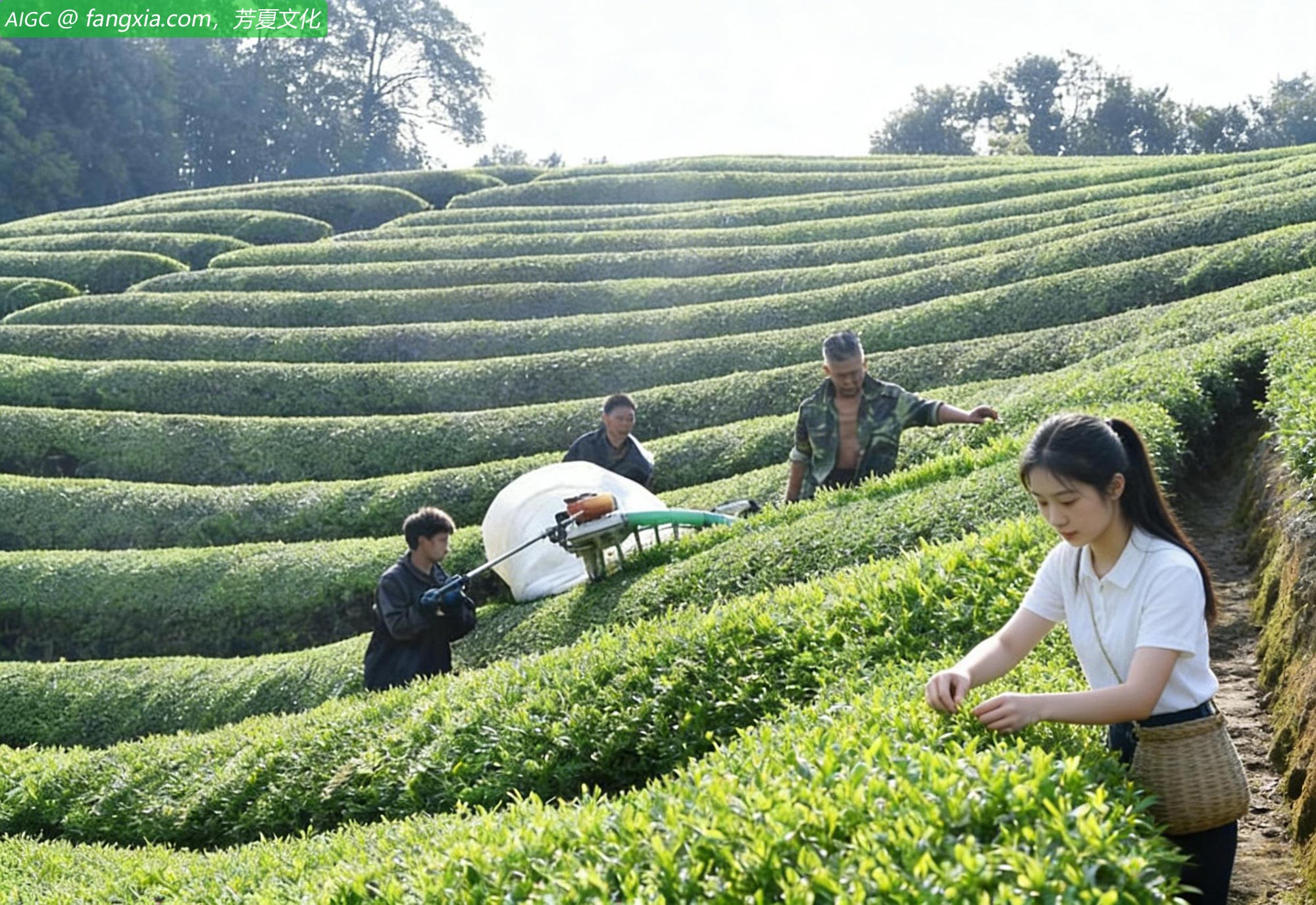 浙江省金华市五一塘村，茶农正在采摘春茶