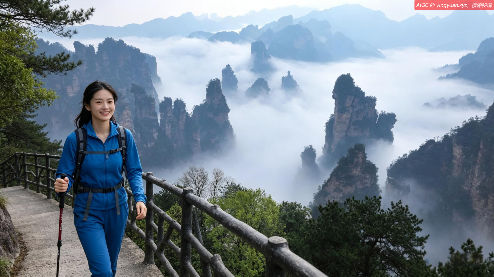 张家界国家森林公园雨后放晴，百龙天梯云雾缭绕