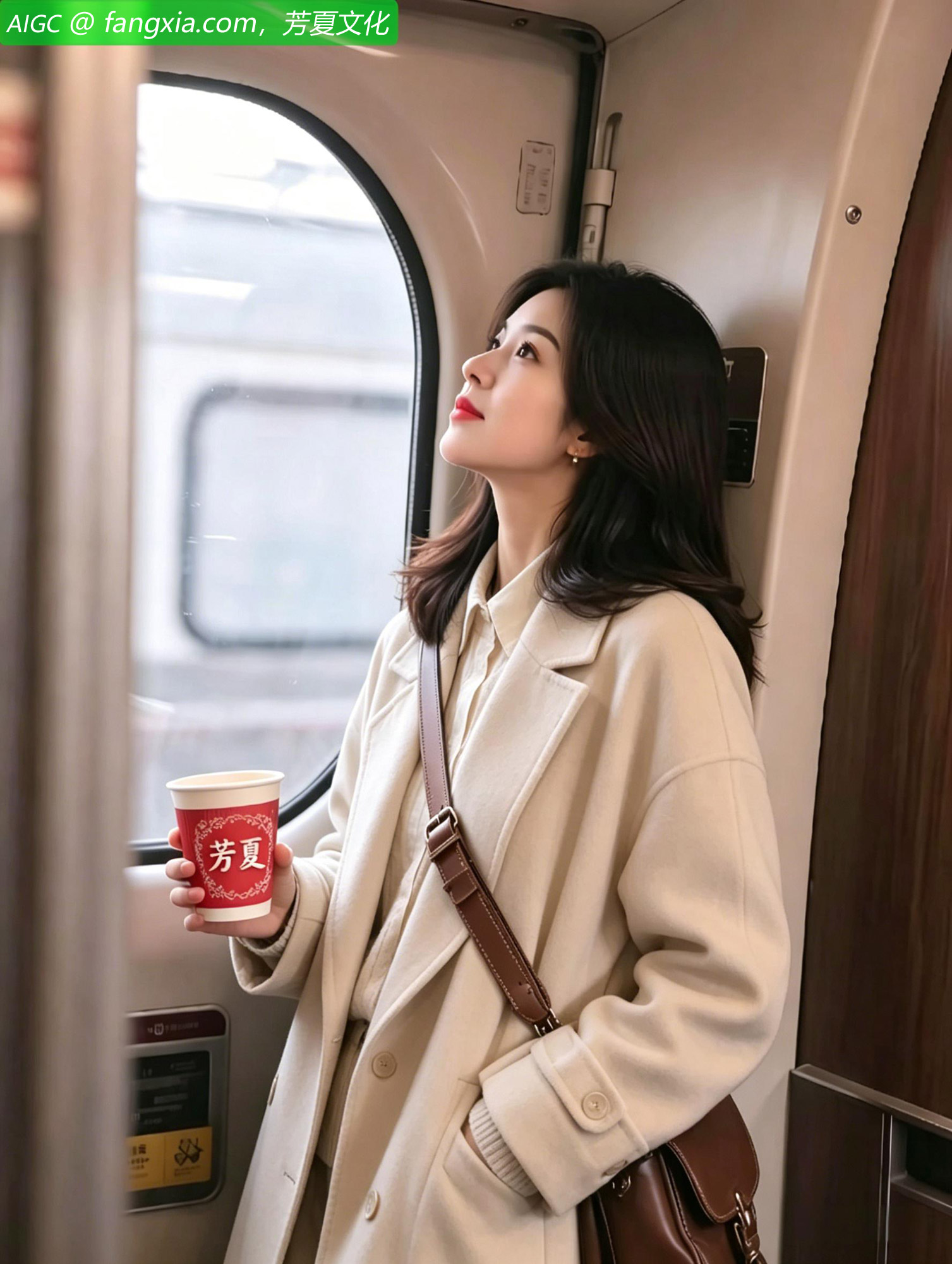 星澜倚靠在高铁车厢出口处的窗边