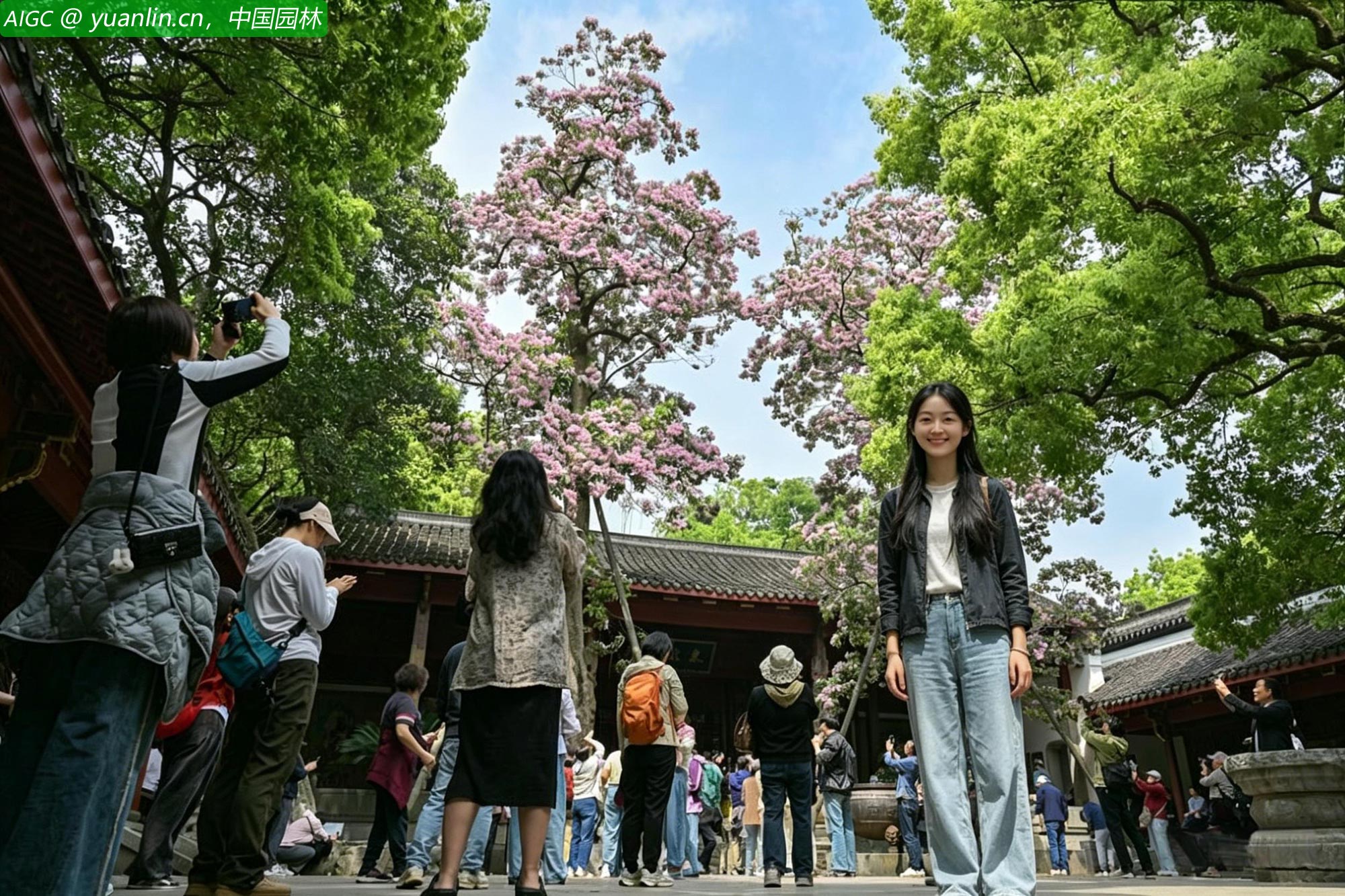 杭州吴山中兴东岳庙，两株530余年的古楸树绚烂绽放