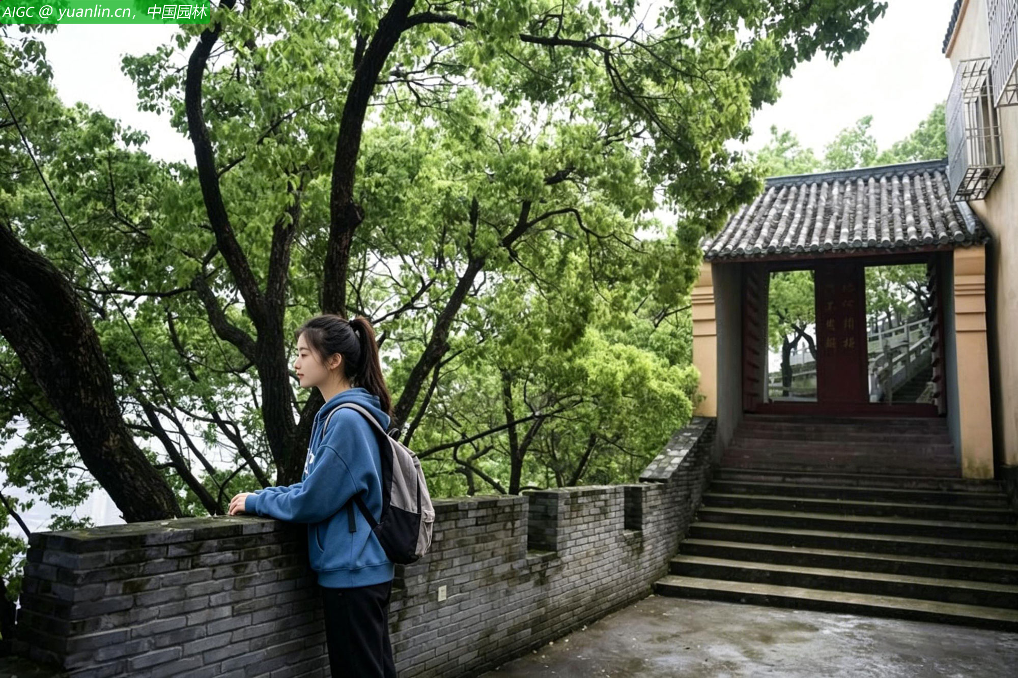 一位游客在浙江省玉环市知空寺