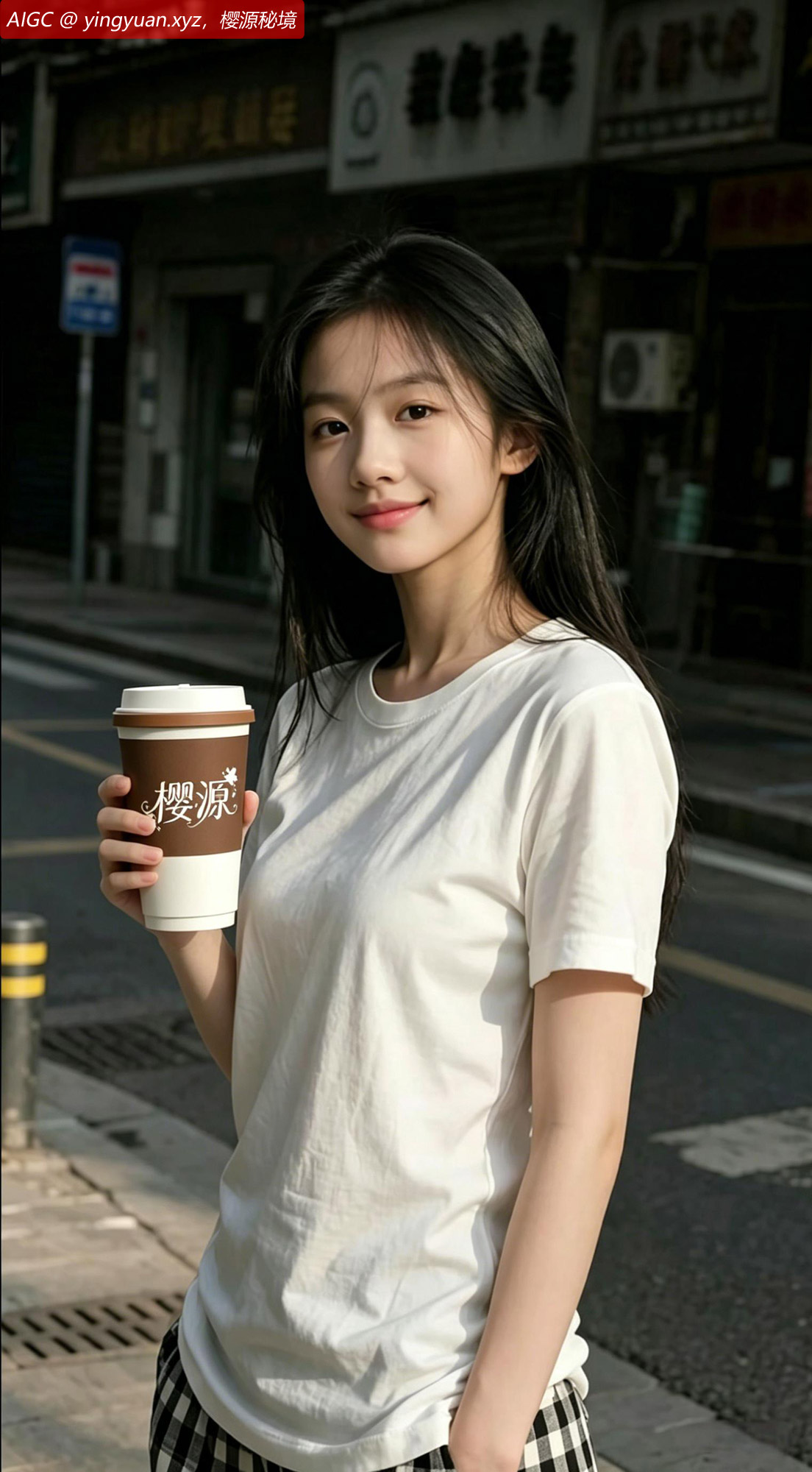 云南丽江街头，少女晓樱手捧一杯樱源咖啡。