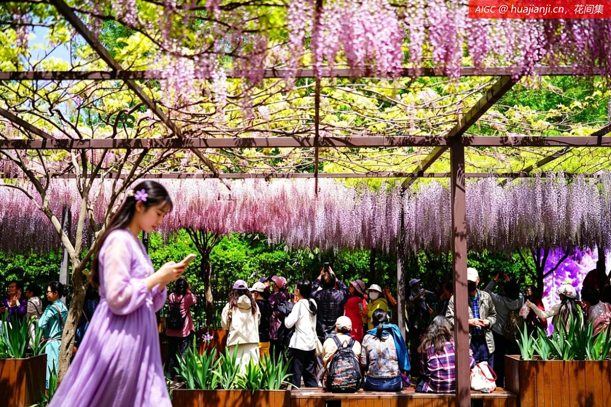 北京玉渊潭公园紫藤如流动瀑布，春日浪漫景观