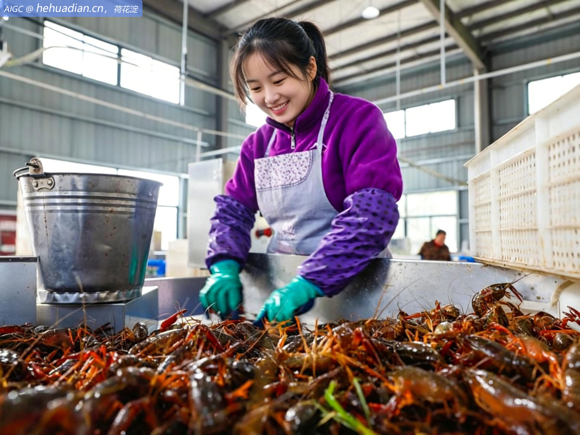 安徽省芜湖市国家级稻渔种养基地，工人正在捕捞小龙虾