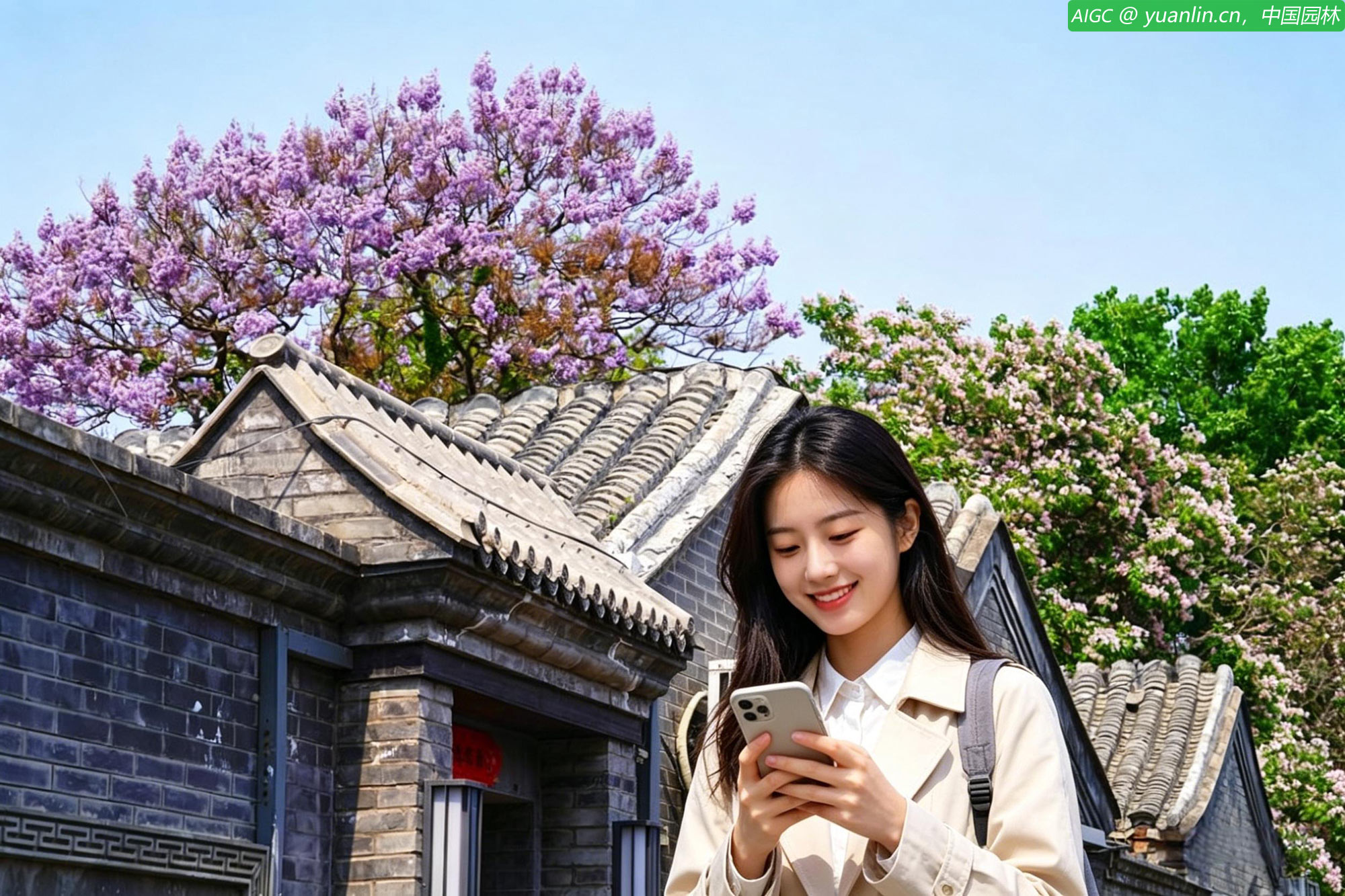 北京，恭俭胡同百年楸树和紫色泡桐绽放春天