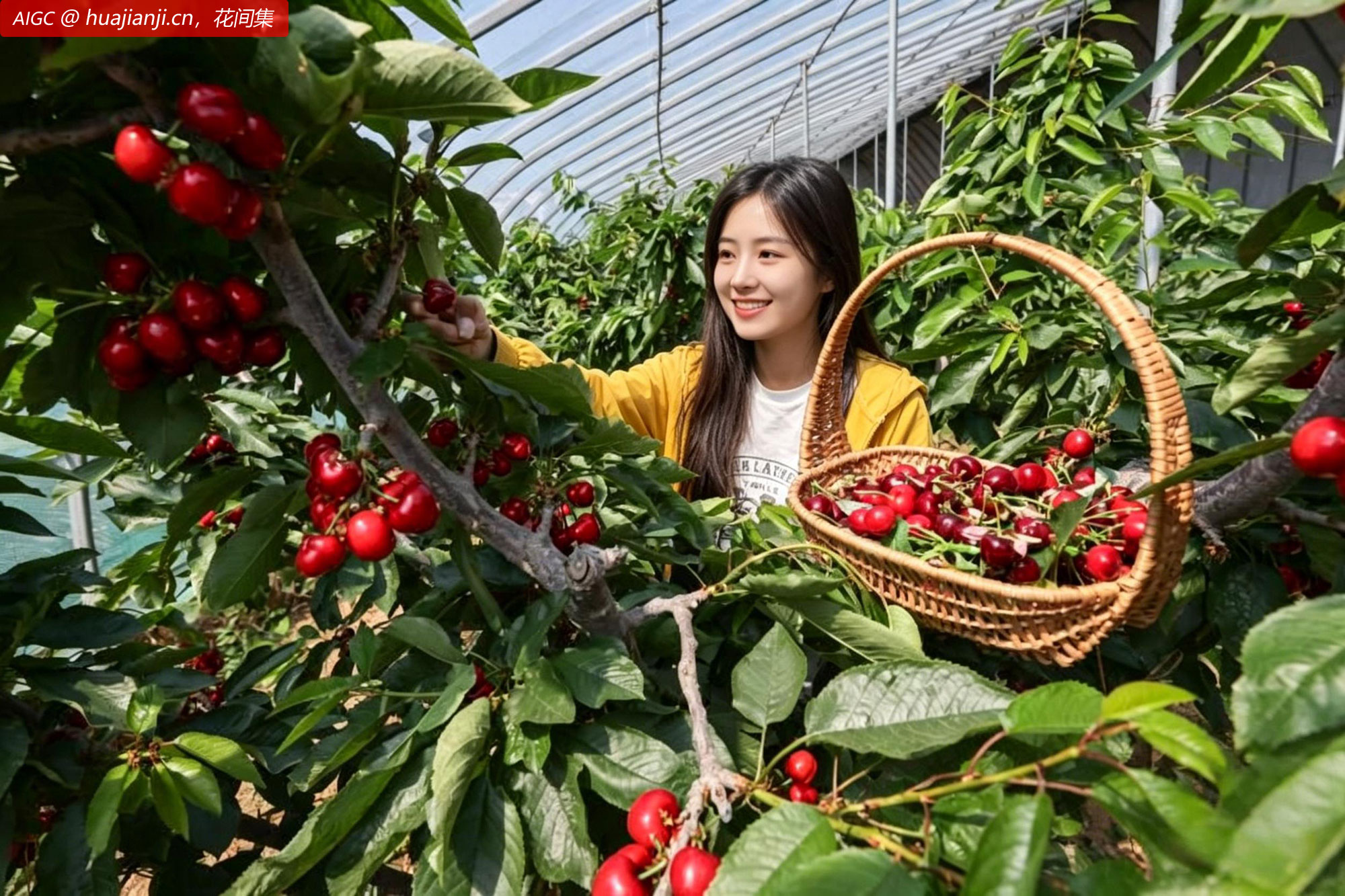 游客在江苏省连云港市谢湖村大棚内采摘樱桃