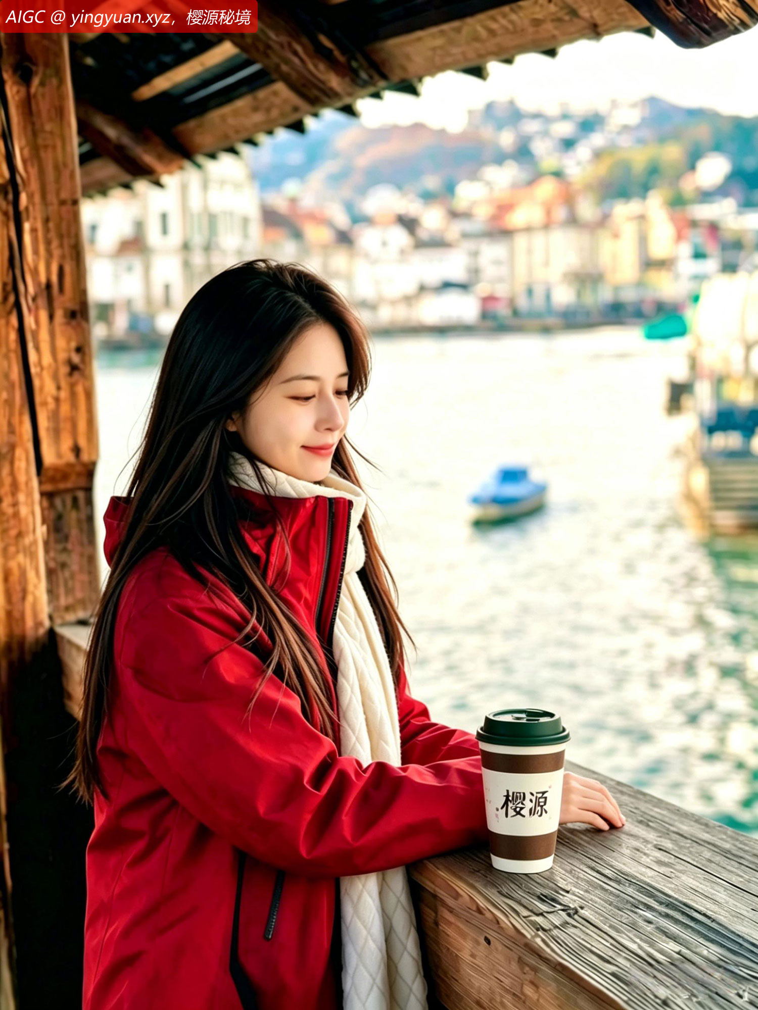 晓樱姑娘身着一抹亮红，静倚木栏，手中樱源咖啡飘香