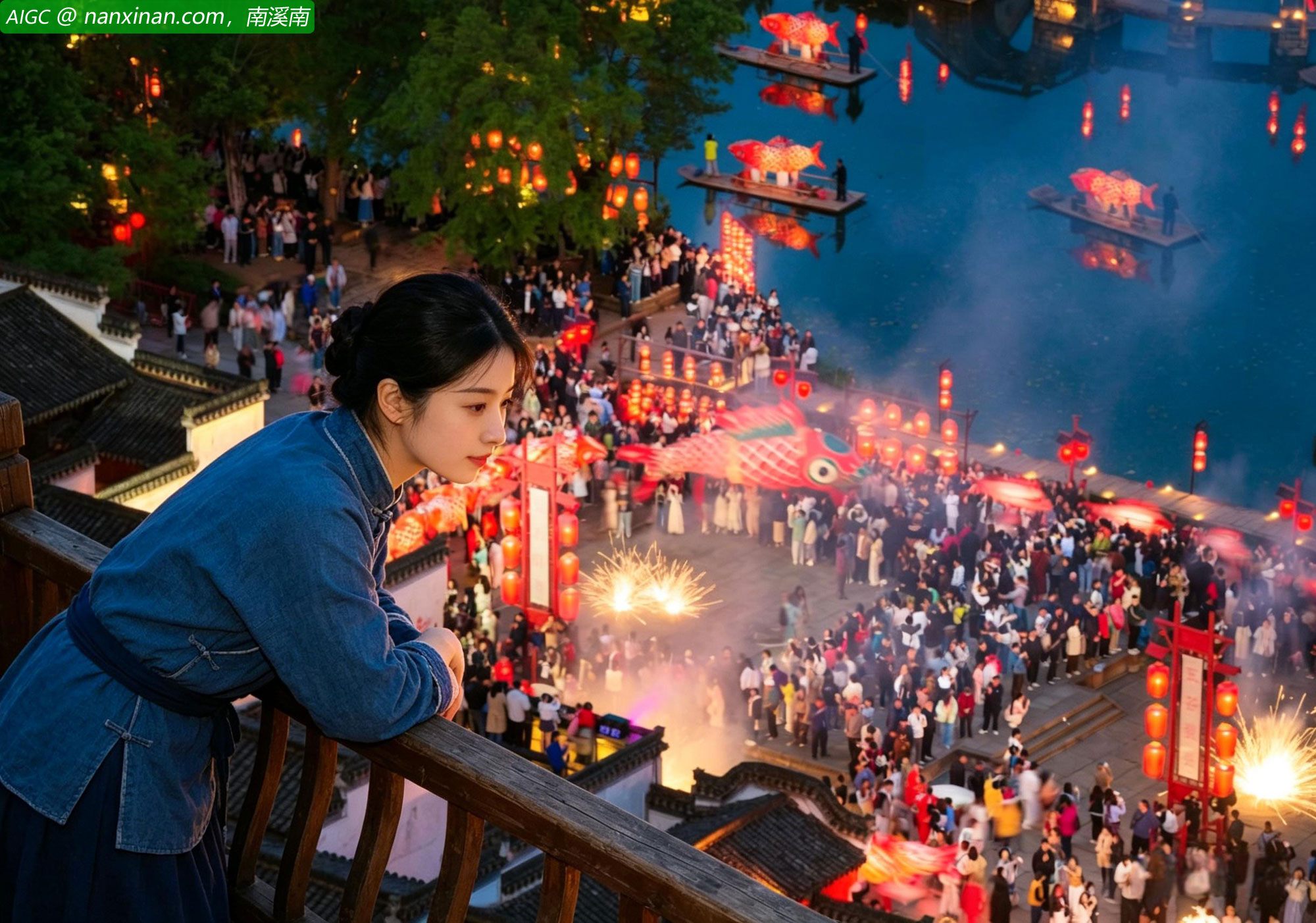 安徽省黄山市呈坎古村上演非遗鱼灯巡游，流光溢彩