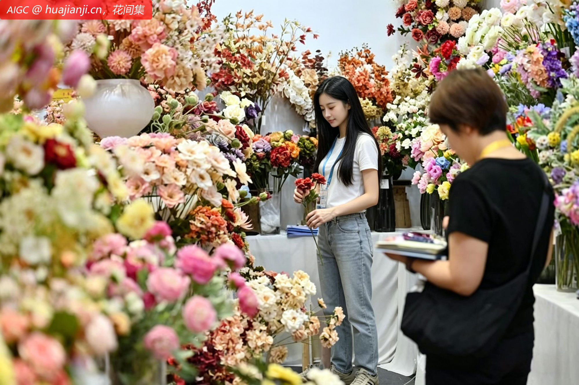 广交会园林展区的环保型花束吸引境外采购商参观采购。