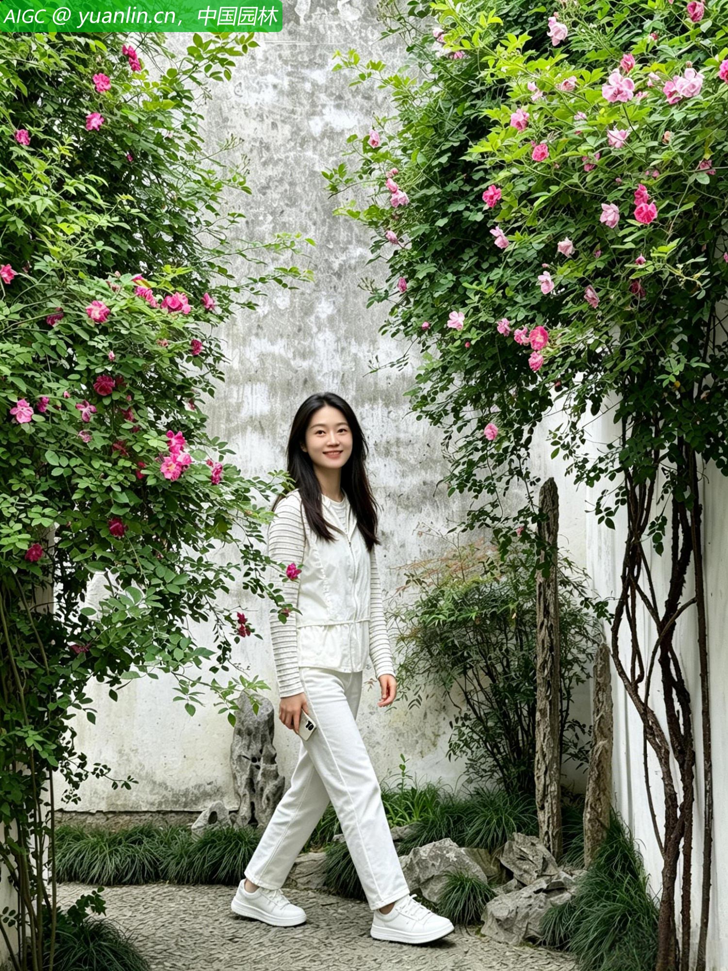 苏州艺圃内，蔷薇花肆意绽放，粉黛满架。