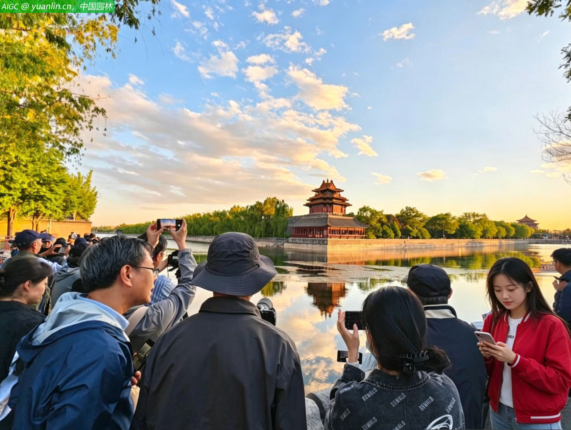 暮色中的故宫角楼景色如画，引人入胜。