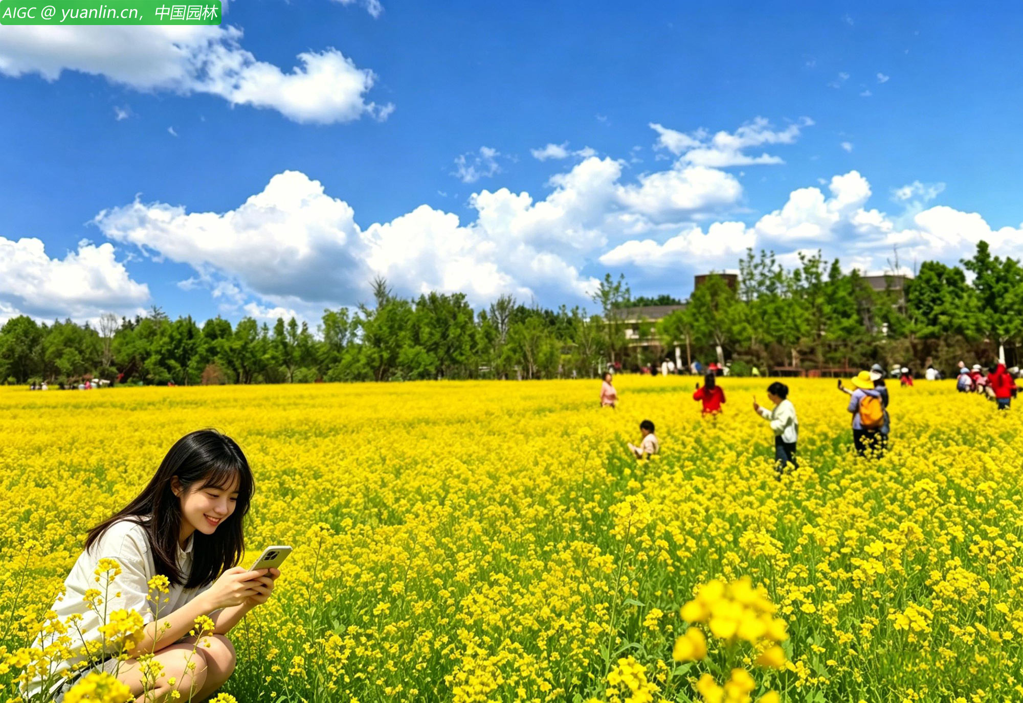 北京永定公园内油菜花盛开，市民前来观赏拍照