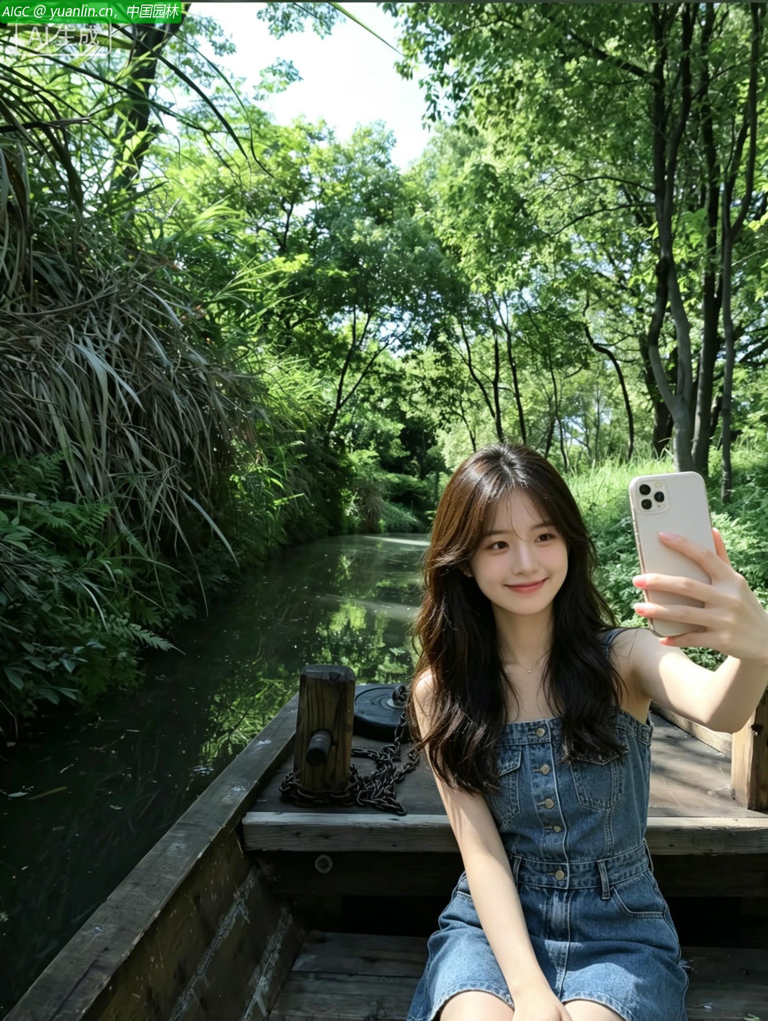 杭州西湖西溪湿地绿意葱茏，菲夏姑娘乘木舟穿行于水巷